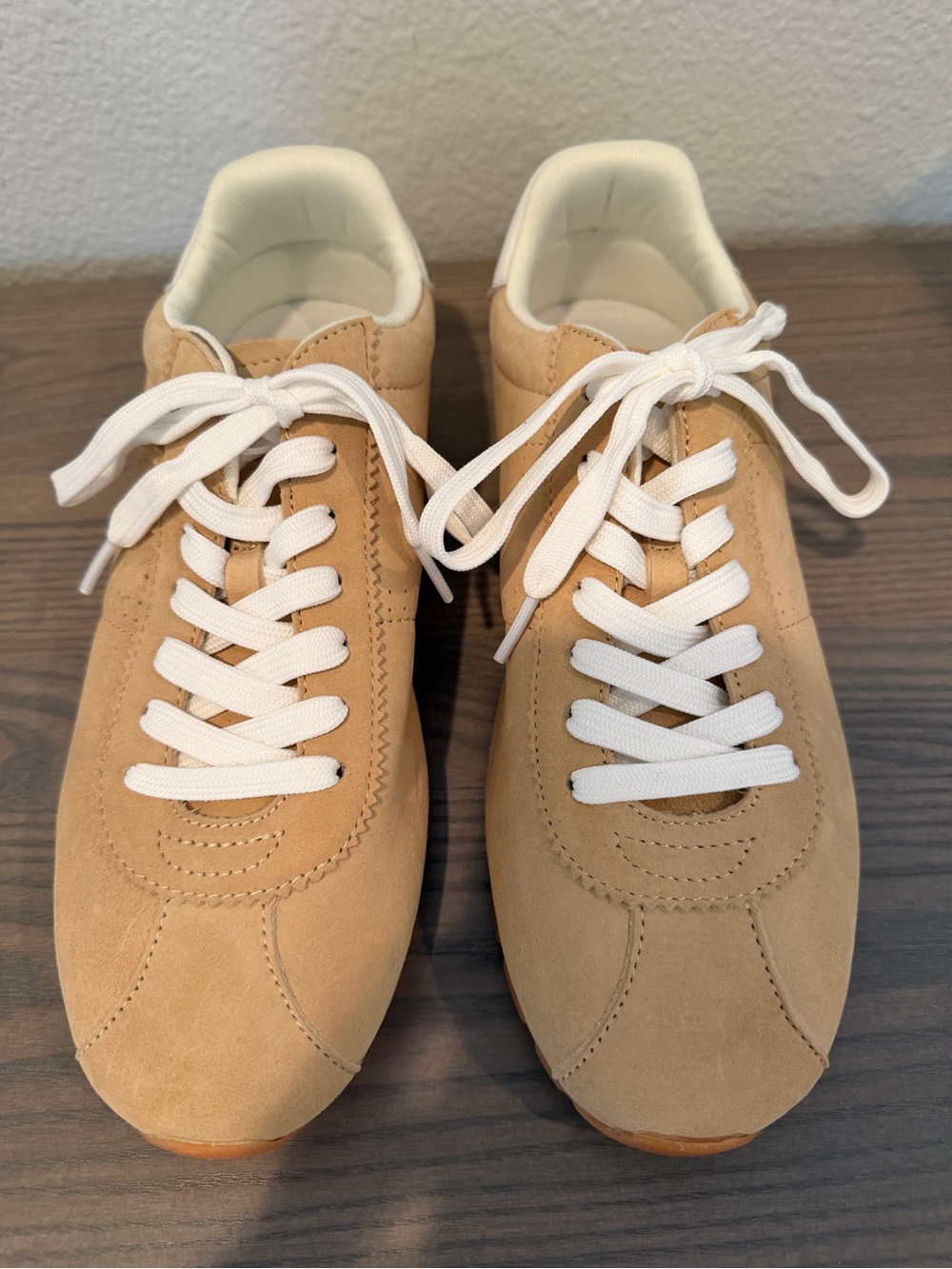 Women’s Casual Suede Sneaker in Tan with White Laces